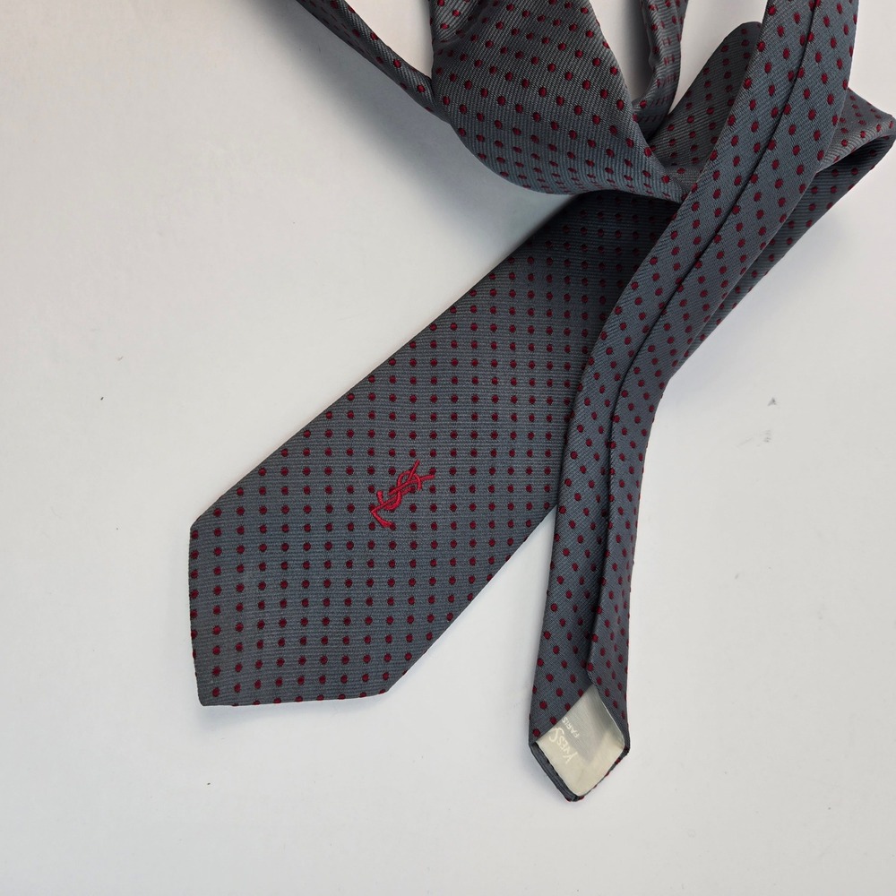 Yves Saint Laurent Silk Tie Grey Red Polka Dot Monogram Logo YSL Mens Necktie